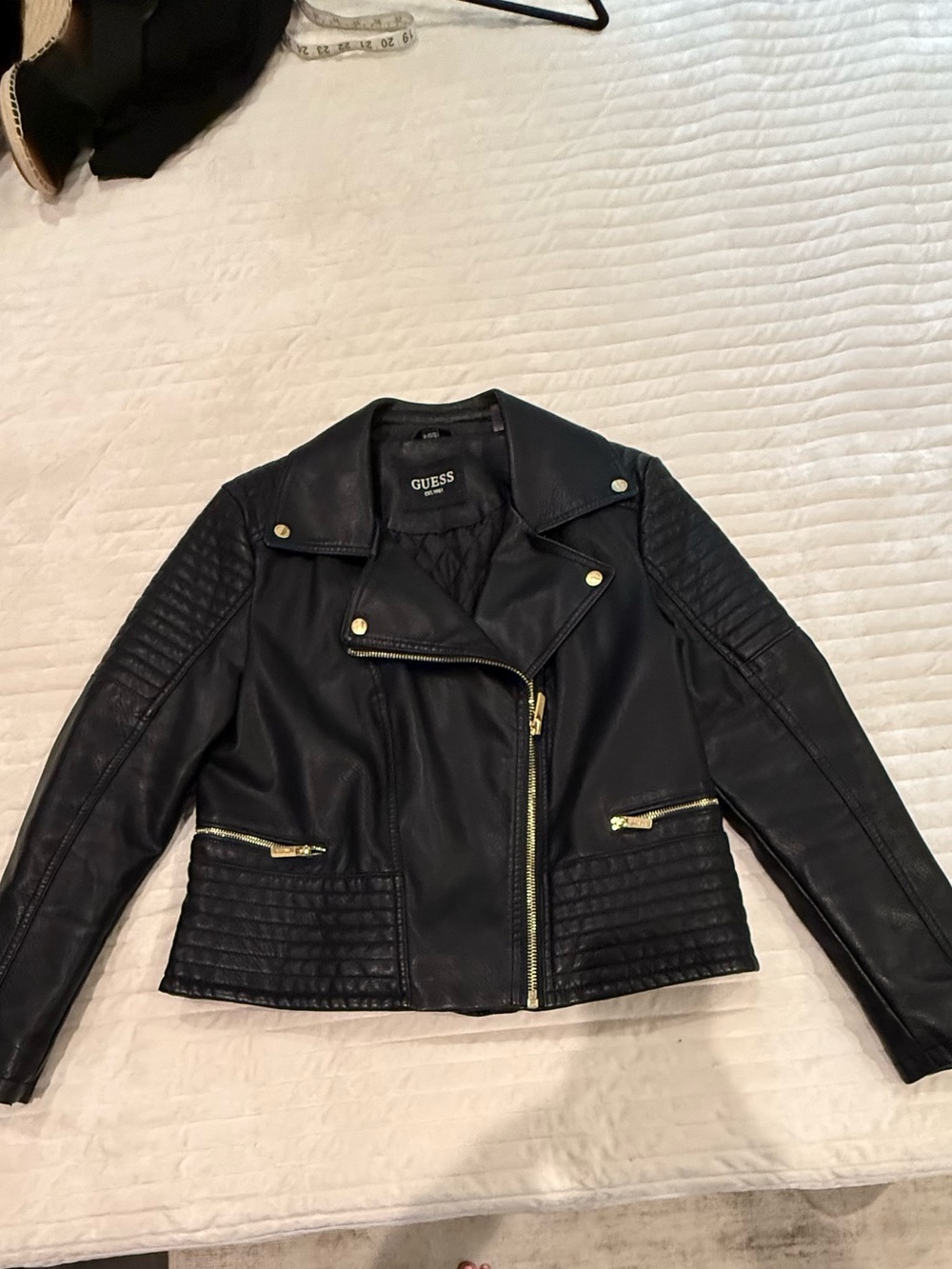 GUESS Black Quilted Faux Leather Moto Jacket with Gold Hardware
